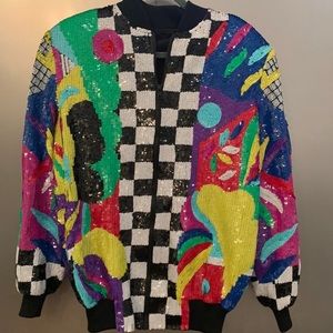SUPER RARE 80s/90s Multicolor Sequin Abstract Art Bomber Jacket